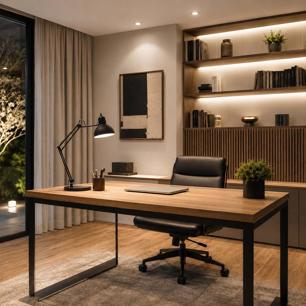 Studio moderno con lampada da scrivania e illuminazione ambientale neutra