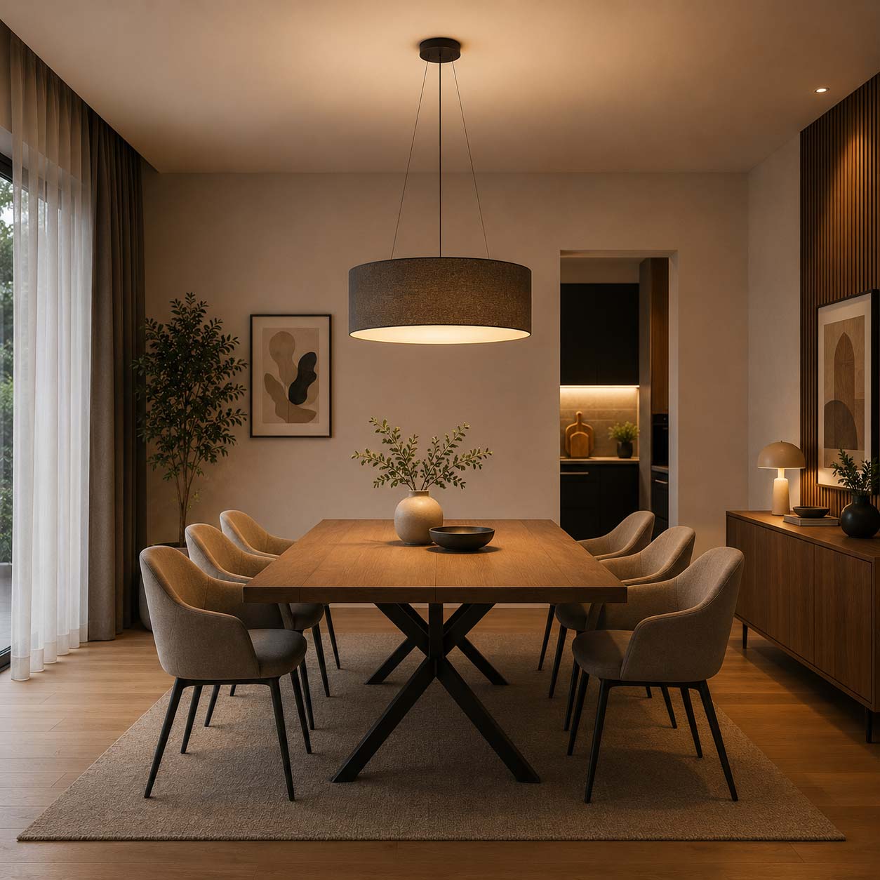 Zona pranzo moderna illuminata da lampade a sospensione con luce calda sopra il tavolo