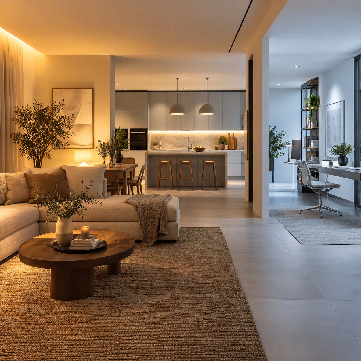 Interno moderno con zone illuminate da luce calda, neutra e fredda