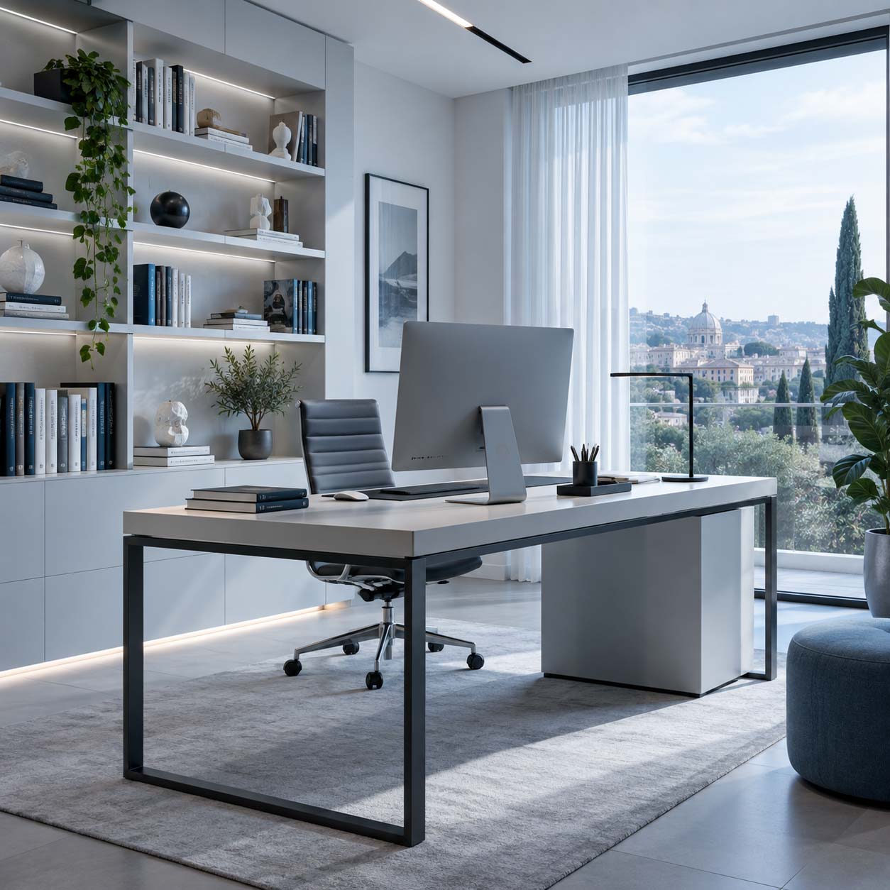 Studio moderno illuminato con luce fredda per favorire concentrazione e precisione