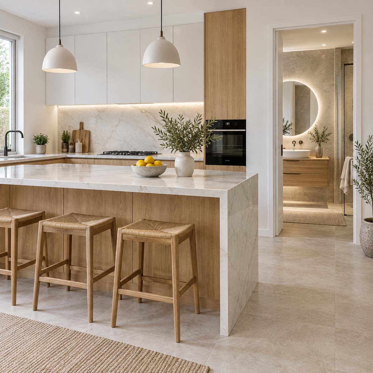 Cucina e bagno moderni illuminati con luce neutra e colori naturali