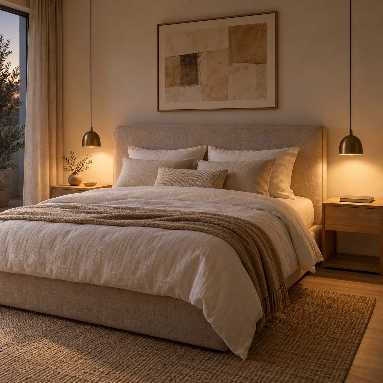 Camera da letto con due sospensioni laterali basse sopra i comodini e diffusori con luce rivolta verso il basso