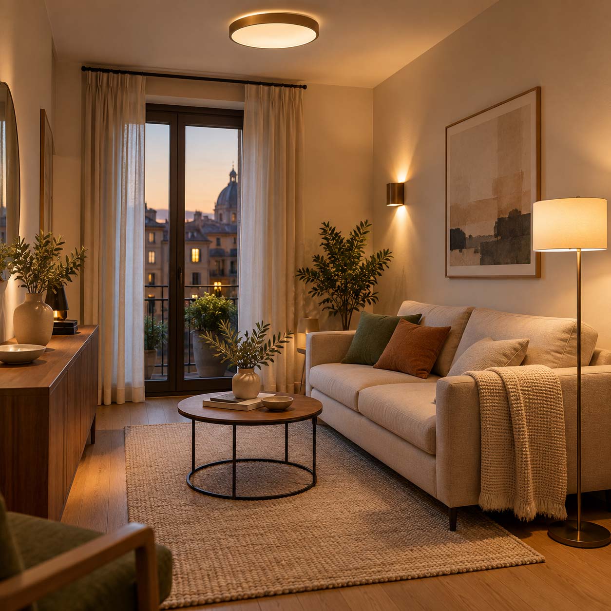 Soggiorno piccolo illuminato con plafoniera, applique e lampada da terra