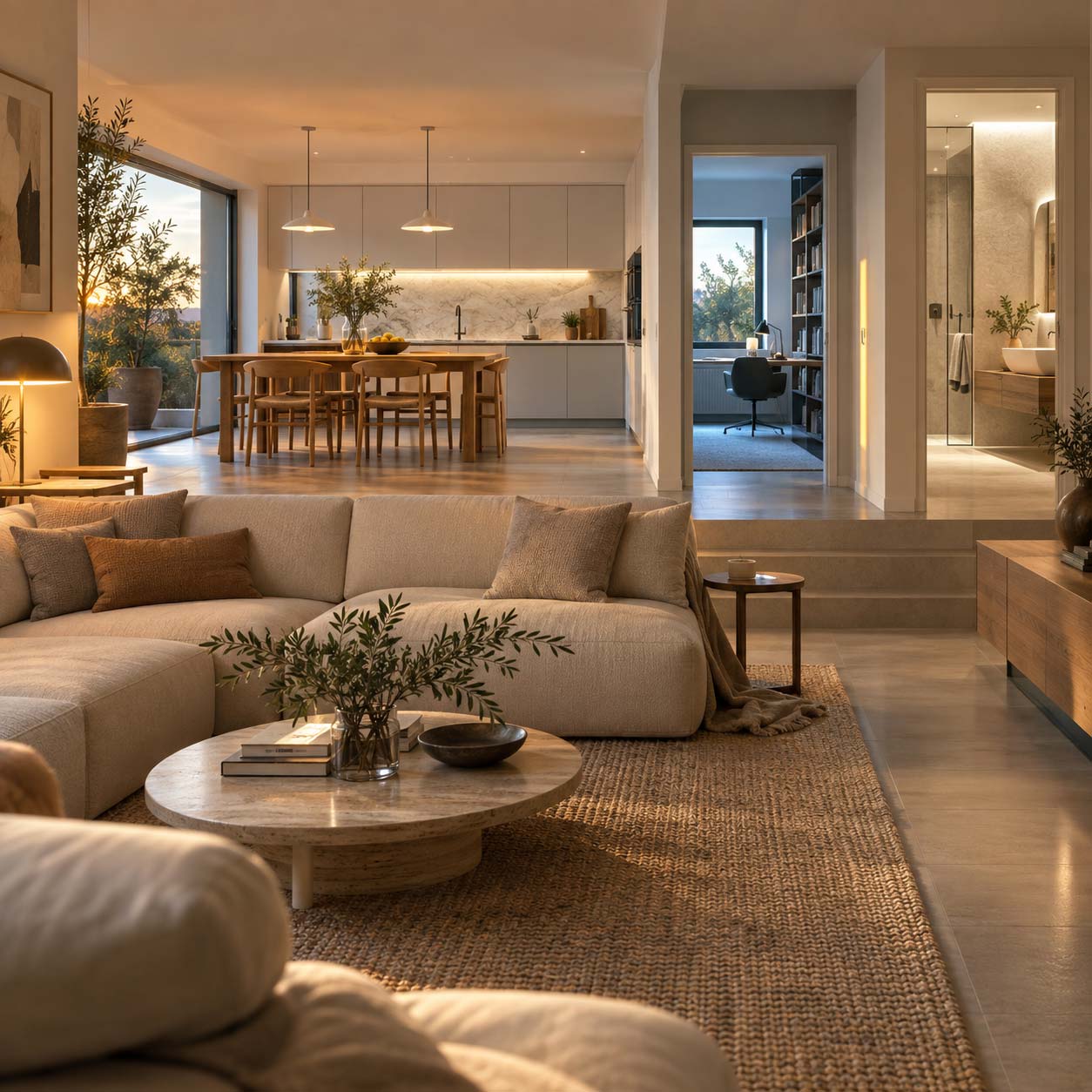Casa moderna con temperatura colore differente scelta per soggiorno, cucina, studio e bagno